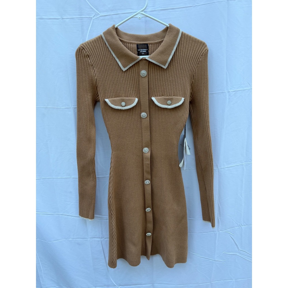 Grand Street Studios Camel Ribbed Knit Rhinestone Button Polo Mini Dress M NEW - Picture 12 of 12